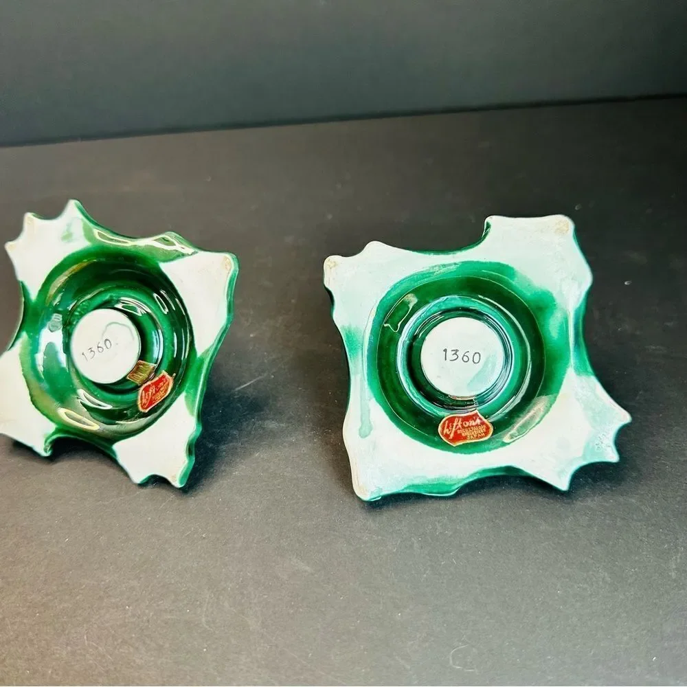 Lefton Pair Of VTG Green Holly‎ Berry Square Candle Holders